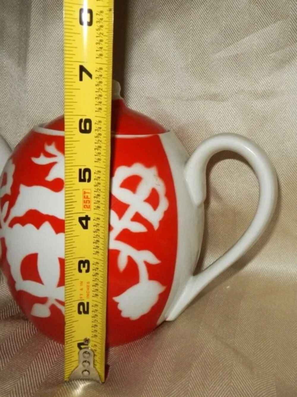 Vintage Soviet USSR Porcelain Teapot Red & White Deer Pattern